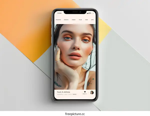 Woman With Makeup Looking At Phone On Colorful Background