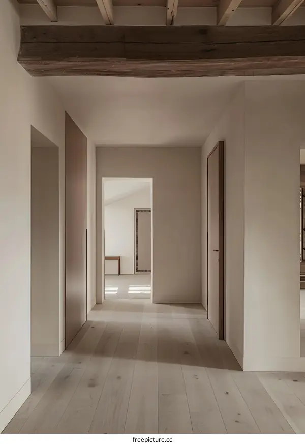 Modern Minimalist Home Interior Design with Wooden Beams and White Walls