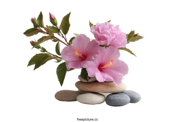 [Transparent Background PNG]Pink Flowers Arrangement on Stacked Stones