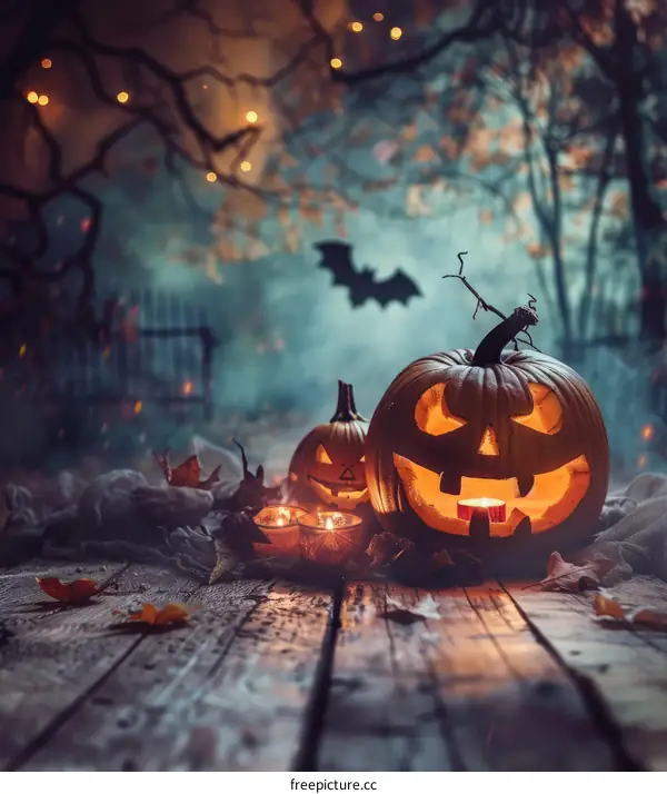 Spooky Halloween Pumpkins in a Dark Forest