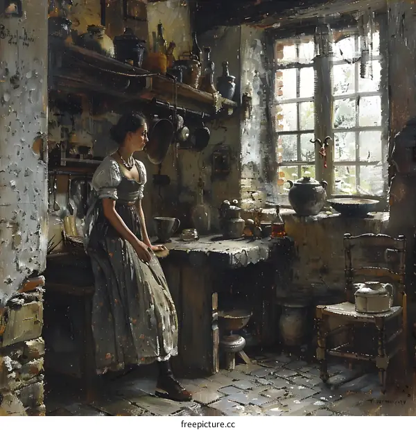 A woman is sitting in a kitchen and looking out the window