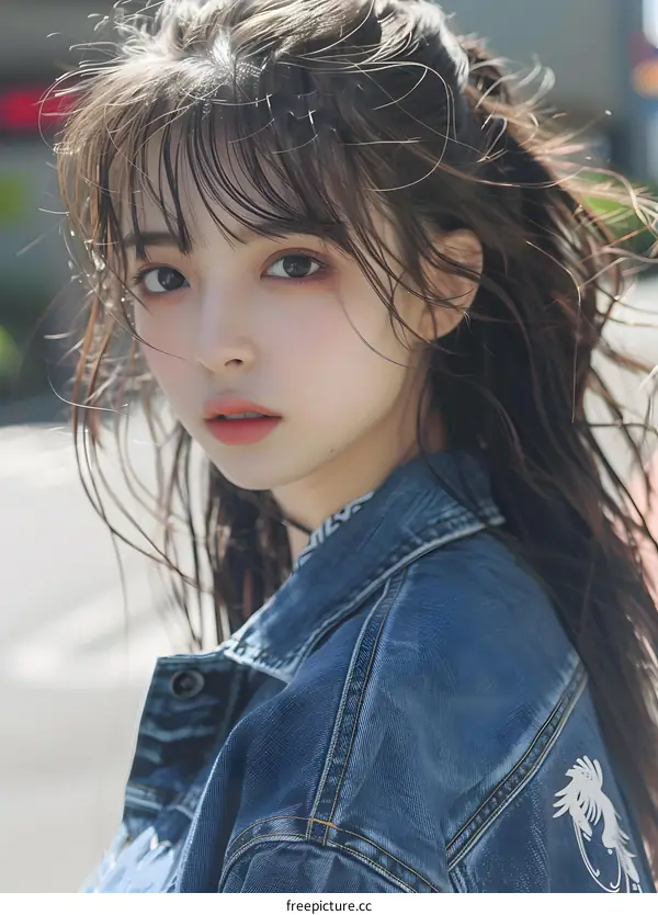 Asian Female Model Portrait with Windblown Hair and Denim Jacket