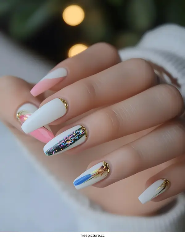 Elegant Nail Art Design with Gold Glitter and Colorful Patterns