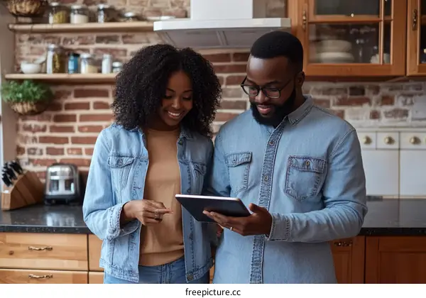 Couple Looking at Tablet in Kitchen