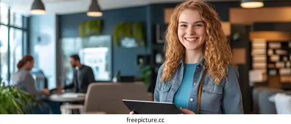 Smiling Woman Holding Tablet in Modern Office