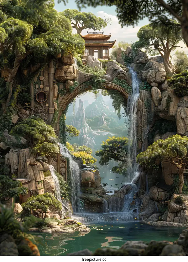 Fantasy landscape with a temple in the center of a waterfall