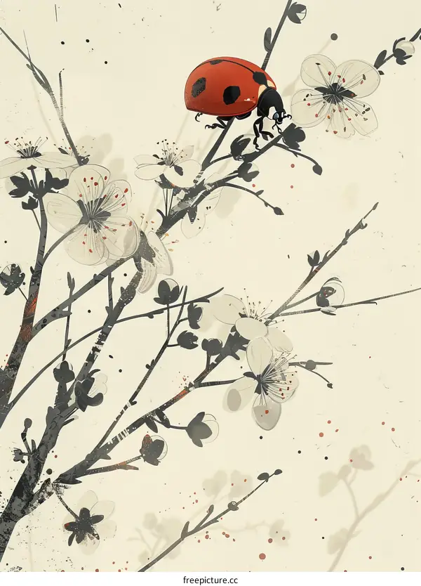 A red ladybug on a branch with white and pink flowers.