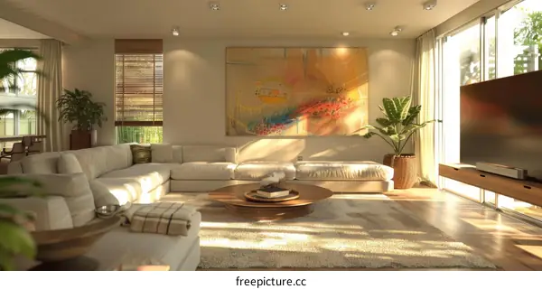 Modern living room interior with large sofa and abstract art