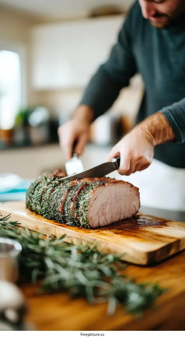 Roasted Pork Tenderloin Slicing in Kitchen