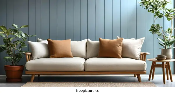 Modern Beige Sofa with Wooden Frame in a Light Blue Room
