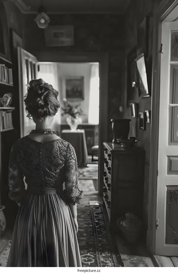 vintage woman in traditional dress in a retro setting