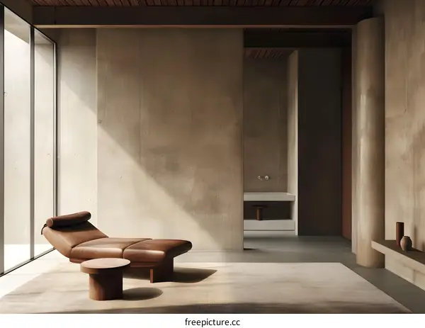 Modern Minimalist Living Room Interior Design with Brown Leather Chaise Lounge and Concrete Walls