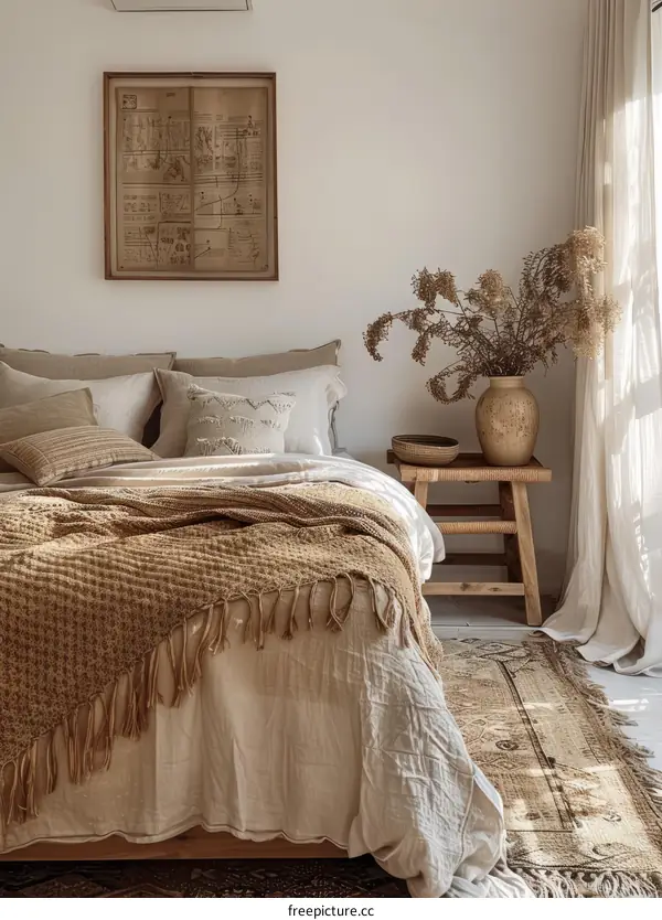 A Bedroom with a Bed, Rug, Stool, and Vase of Flowers