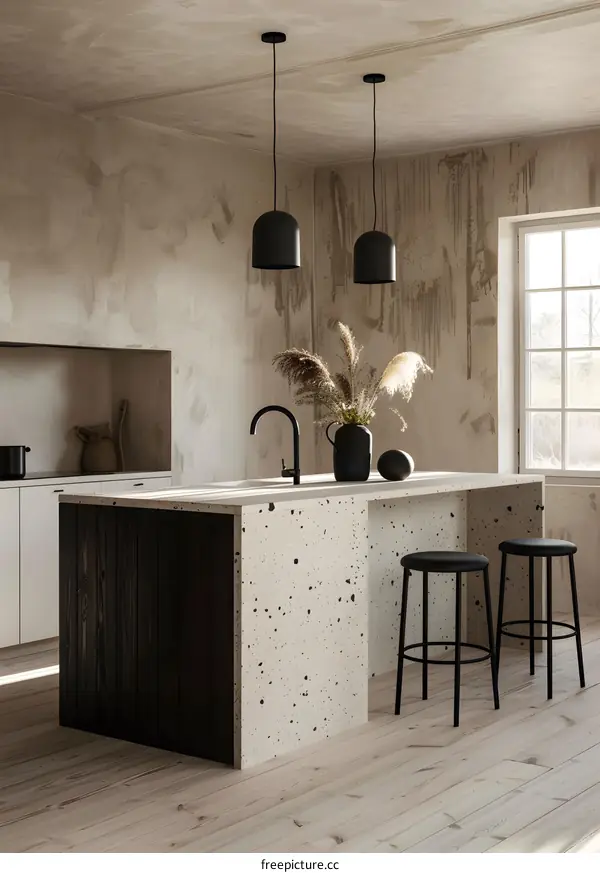 Modern Kitchen Island With Terrazzo Countertop And Black Stools