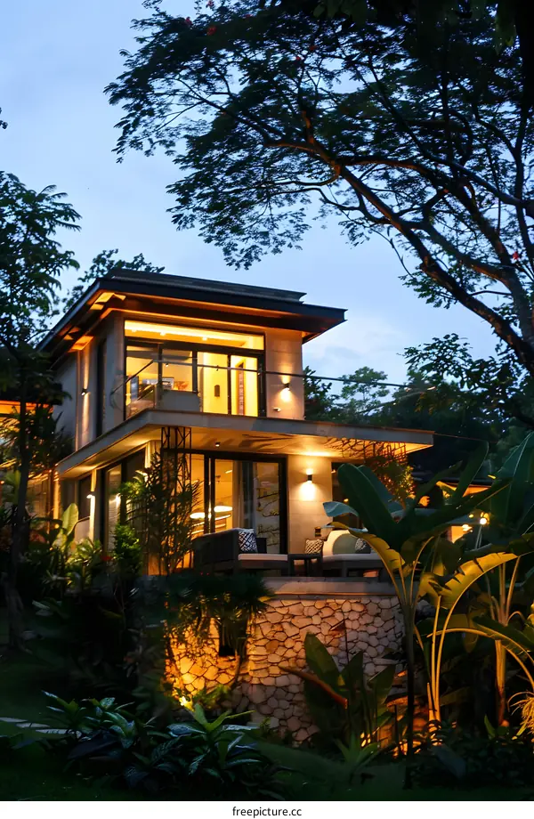 Modern House with Stone Wall and Tropical Plants at Night