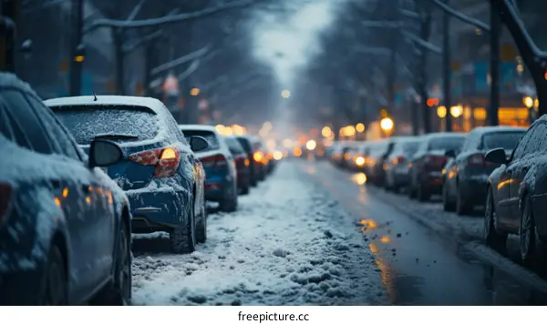 Snowy street with parked cars