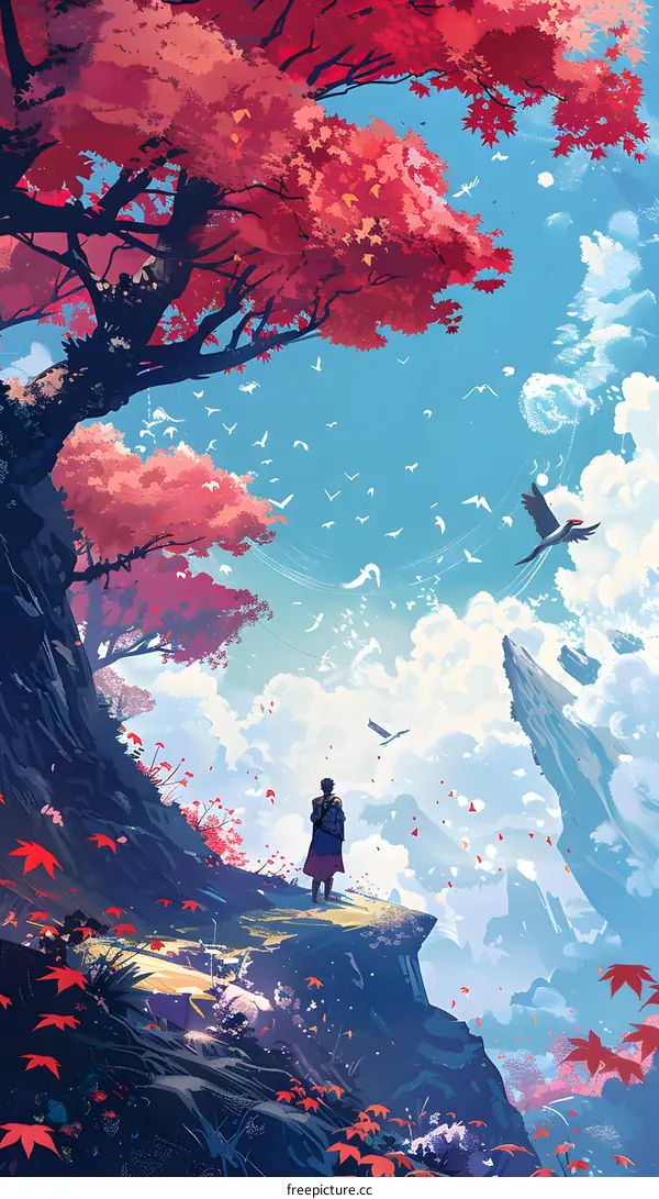 Person Standing on a Cliff Looking at a Blue Sky with Birds Flying