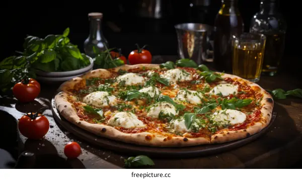 A delicious pizza sits on a table ready to be eaten