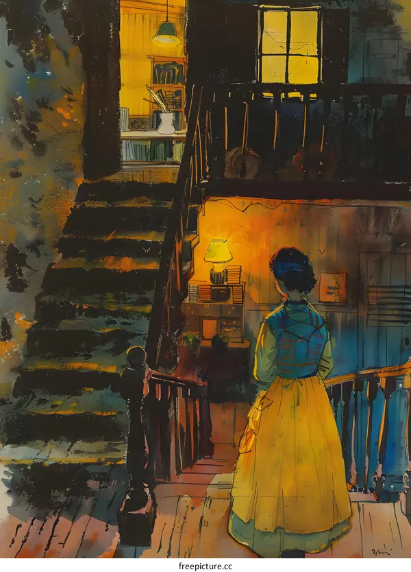 A woman standing on the stairs looking at a room with a bright yellow lamp