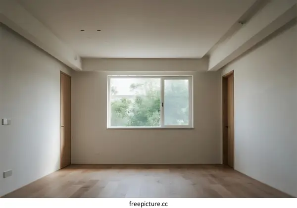 Empty room with large window and wooden floor for modern living space
