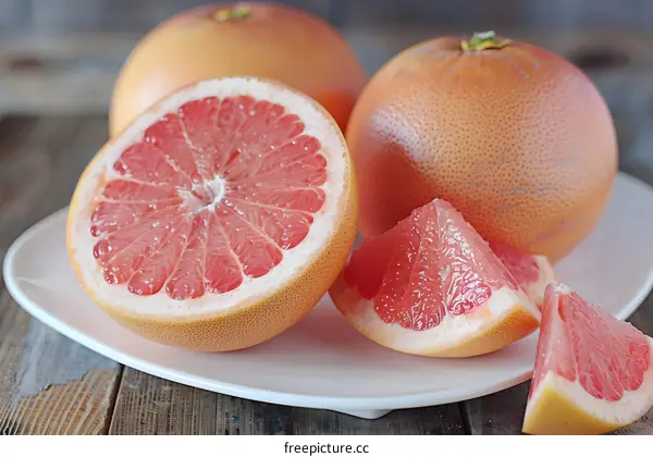 Freshly Cut Pink Grapefruit Slices on a White Plate