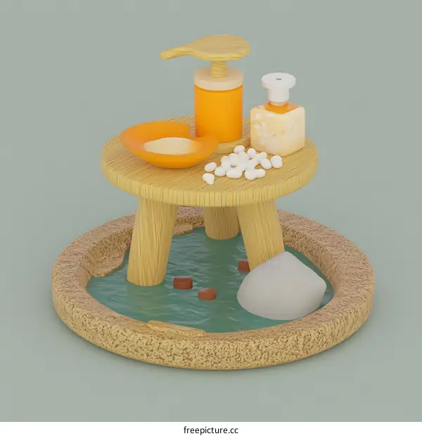 3D Illustration of Wooden Table with Soap Dispenser and Bowl