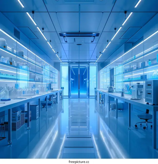 Futuristic Blue Laboratory Interior with Glass Walls