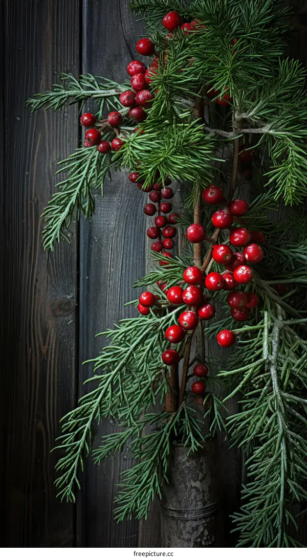 Red berries and green leaves on a dark wooden background