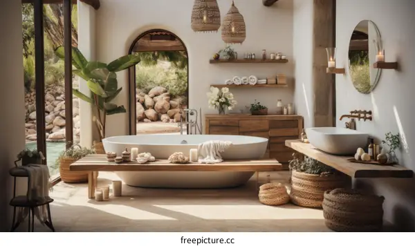 Bathroom With Large Bathtub and Stone Archway