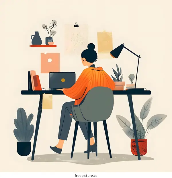 Woman Working at Home Office Desk with Laptop and Plants