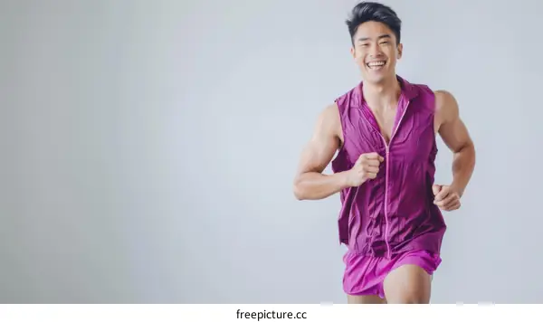 Asian man in sportswear smiling and running