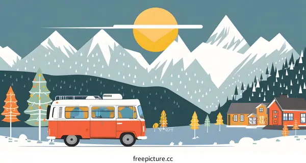 Christmas Holiday Winter Landscape with a Camper Van