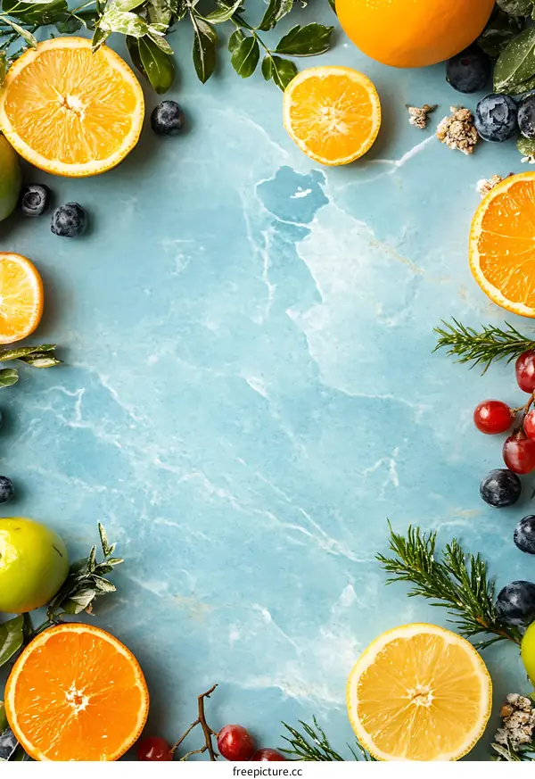 Fresh Citrus Fruits With Green Leaves And Berries On Blue Background