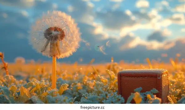 Dandelion seeds blowing in the wind with a leather box in the foreground