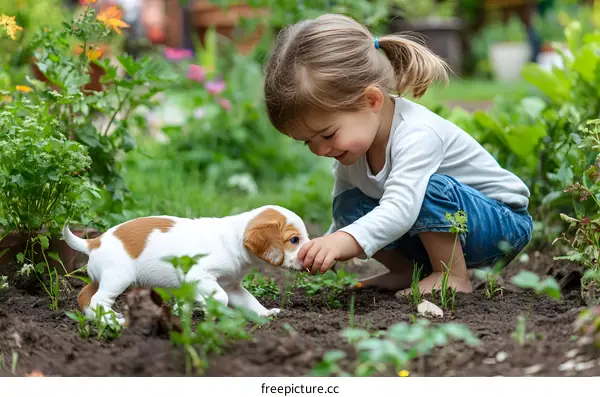 Little Girl Playing With Puppy in Garden