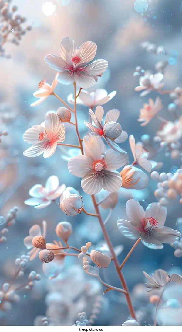 White and pink flowers on a branch with a blurred background