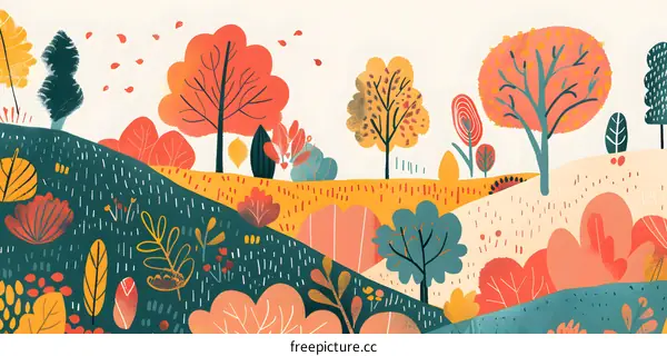 Autumn Forest Illustration with Colorful Trees and Leaves