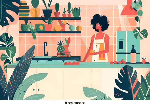 Woman in Kitchen with Tropical Plants