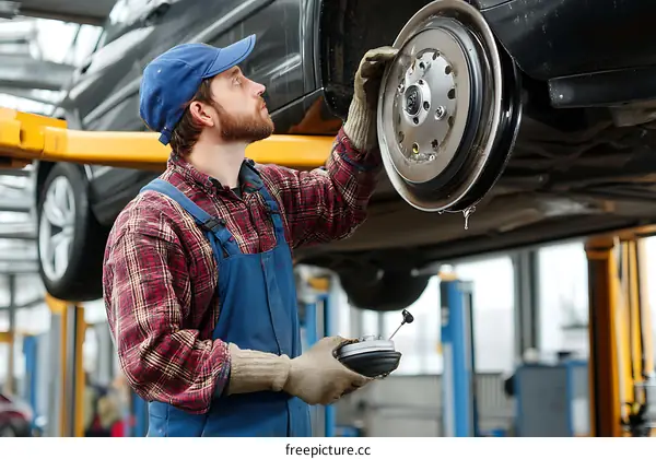 Auto Mechanic Working on a Car Wheel