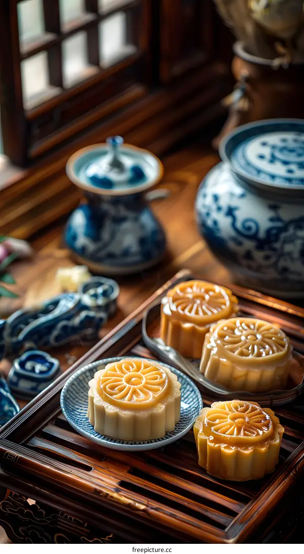Traditional Chinese Moon Cakes on Wooden Tray