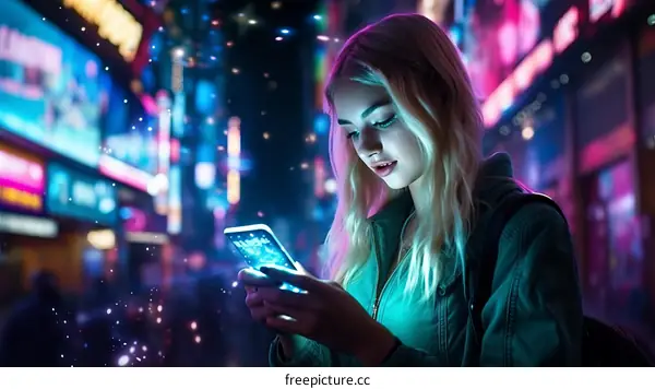 A young woman is looking at her phone in a city at night