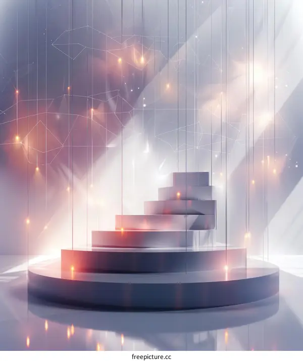 White podium with glowing particles floating above it against a white background
