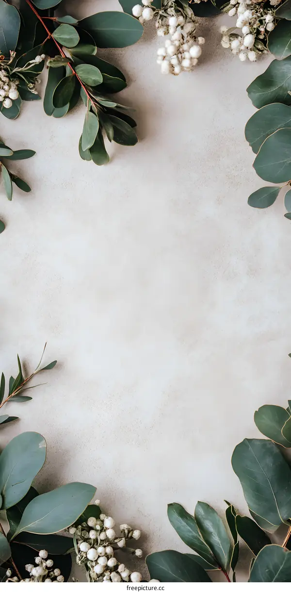 Green Leaves and White Flowers on a Light Background