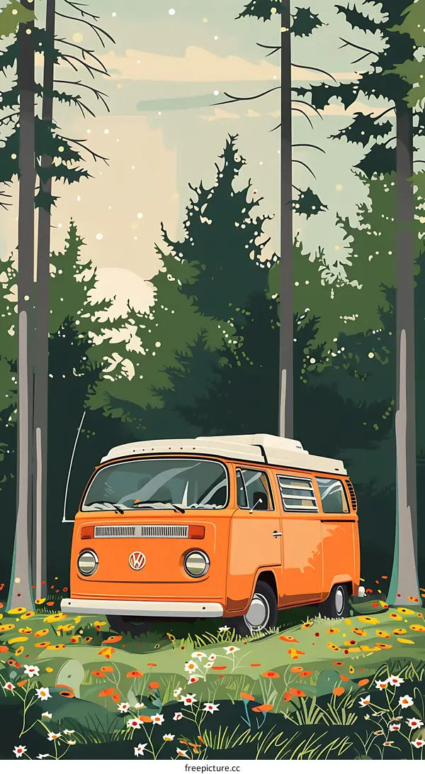Vintage Camper Van in a Forest Illustration