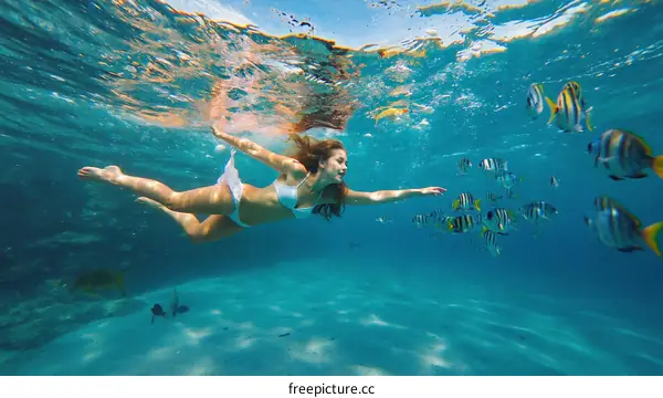 Woman Underwater Swimming with Fish