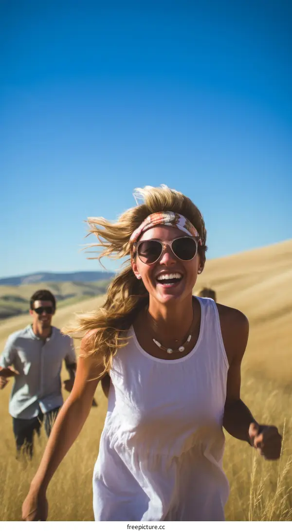 carefree friends running through a golden field on a sunny day