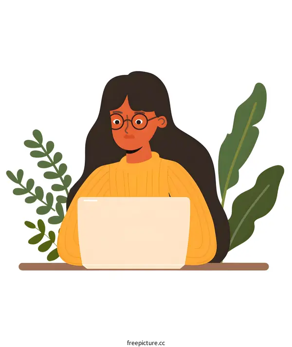 Woman Working on Laptop with Plants Illustration