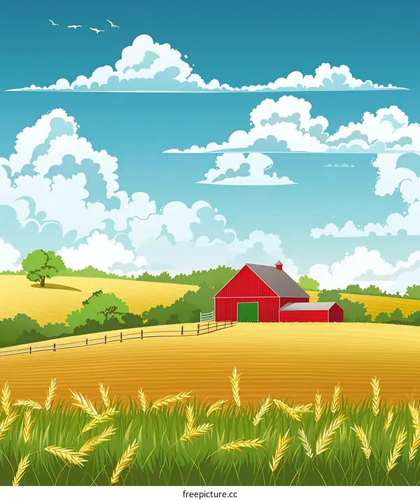 Summer Farm Landscape with Red Barn and Wheat Field
