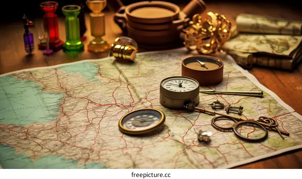 An illustration of a treasure map with a compass, magnifying glass, and other tools