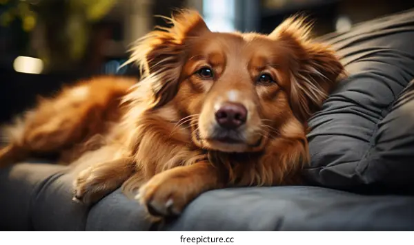 A cute dog is lying on the couch and looking at the camera